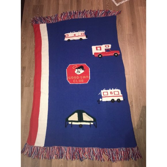 Vintage Good Sam Club Knit Throw Blanket Blue White Red 70s 80s Camping RV - Picture 5 of 7